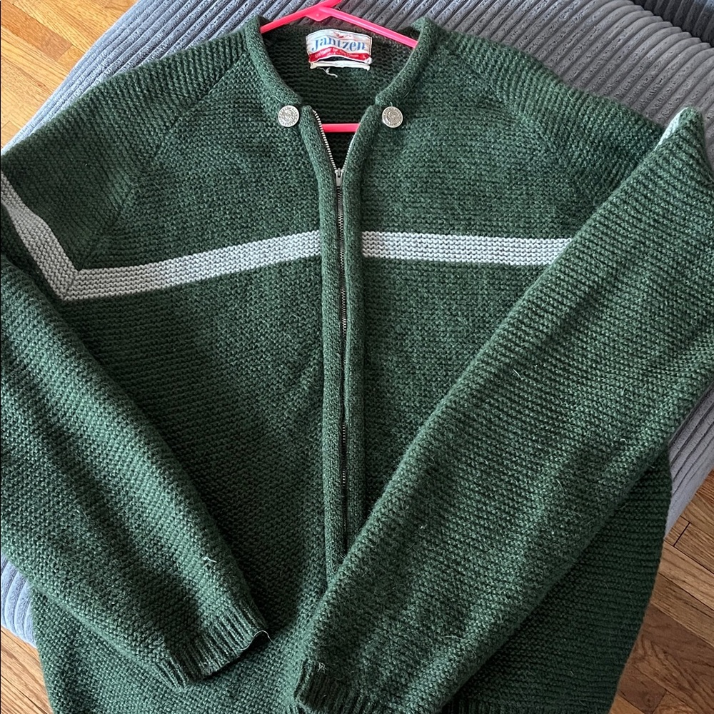 Jantzen Dark Green Zip-Up Sweater with Light Gray Stripe. 80% Wool